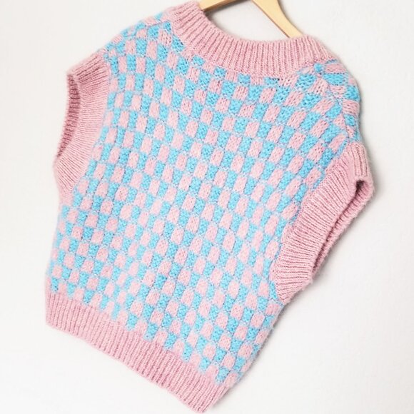 Zara Pink Blue Wool Blend Knit Vest V-neckline Checkerboard S Preppy Classic - Picture 14 of 15